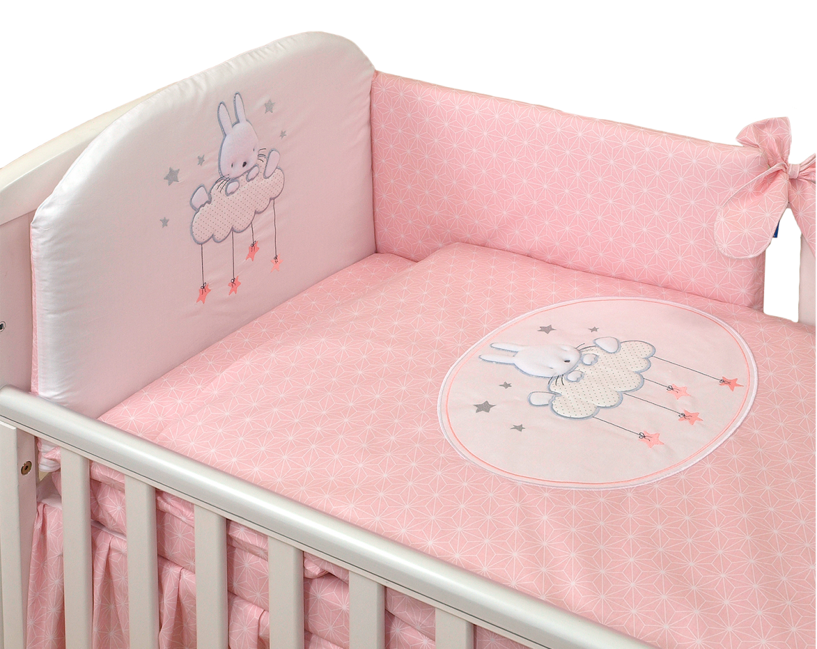 婴儿床床上用品 3 件套，填充物艾米SKY_BUNNY玫瑰花粉色